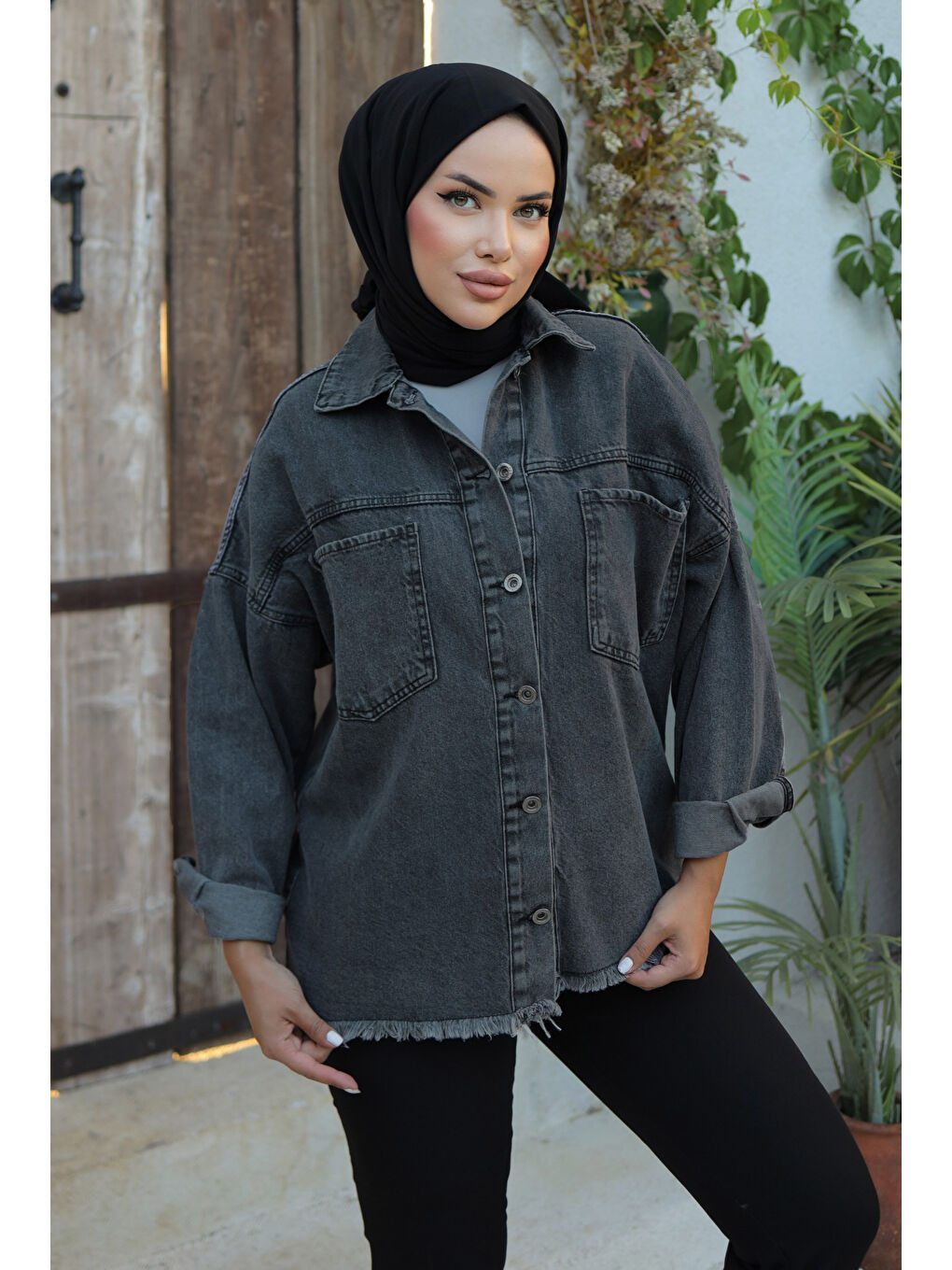 Kadın Oversize Püskül Detay Yaka Cep Jean Ceket D1 Siyah   26580-2