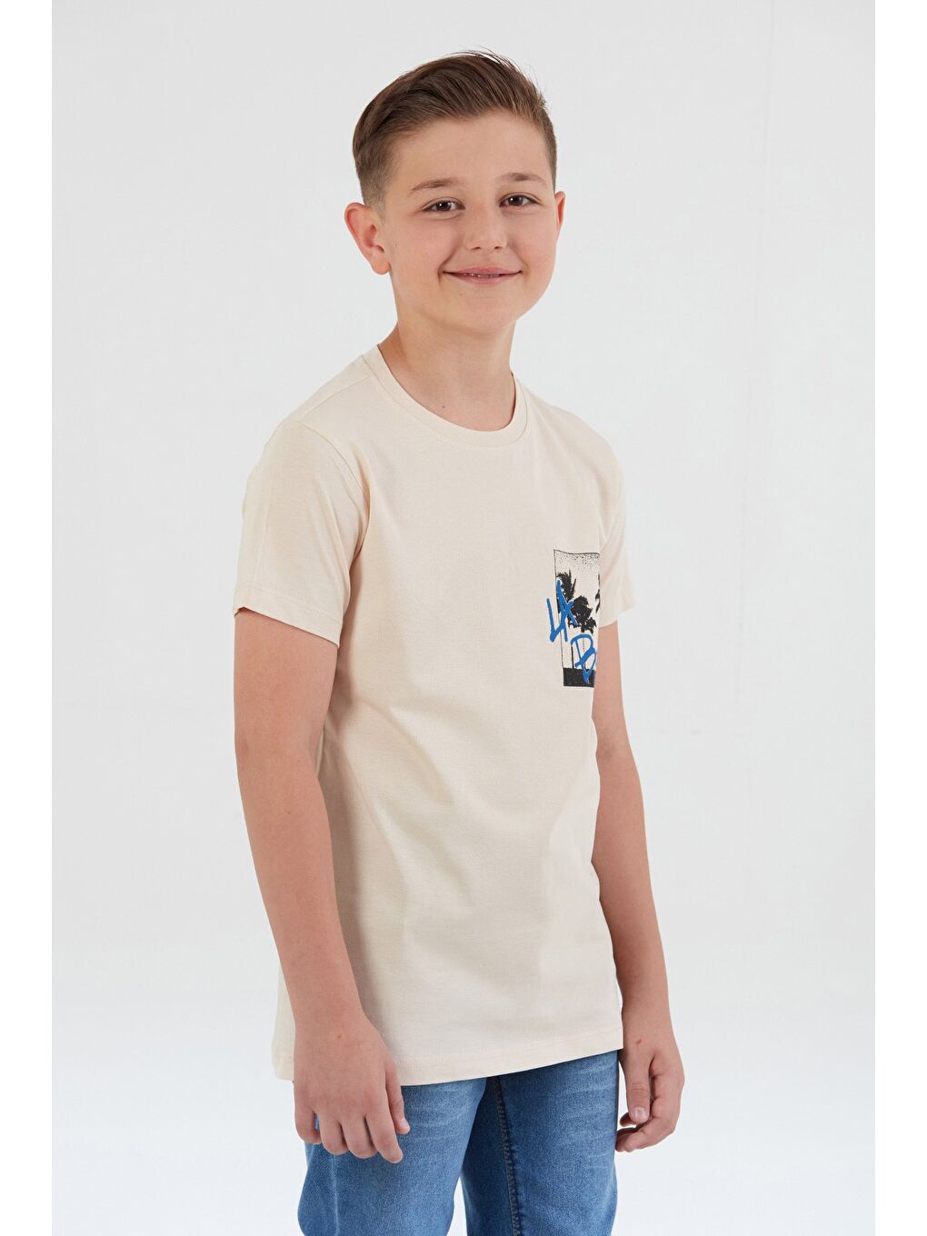 Bej %100 Pamuk Yazı Baskılı Erkek Çocuk Tişört-2