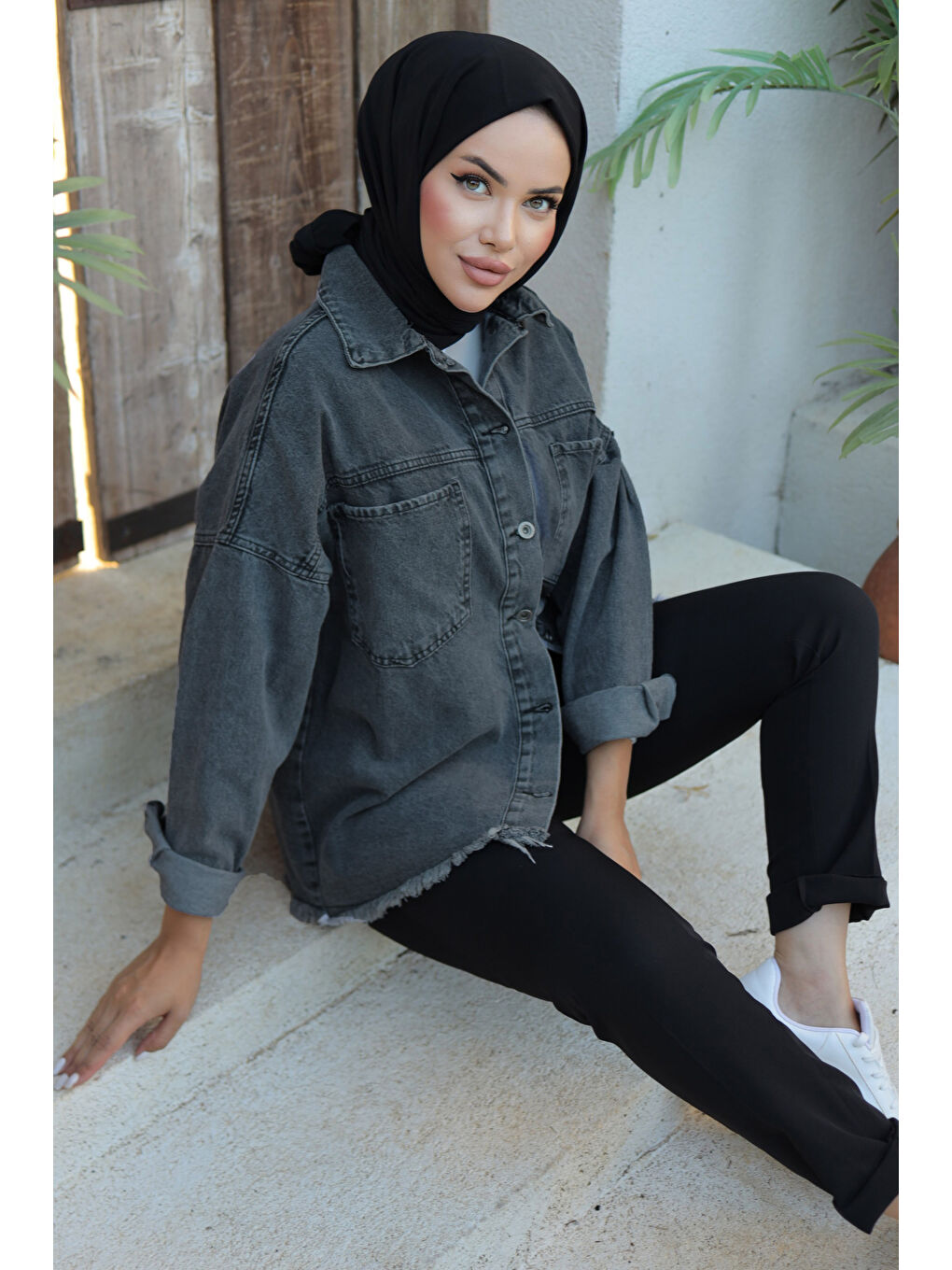 Kadın Oversize Püskül Detay Yaka Cep Jean Ceket D1 Siyah   26580-3