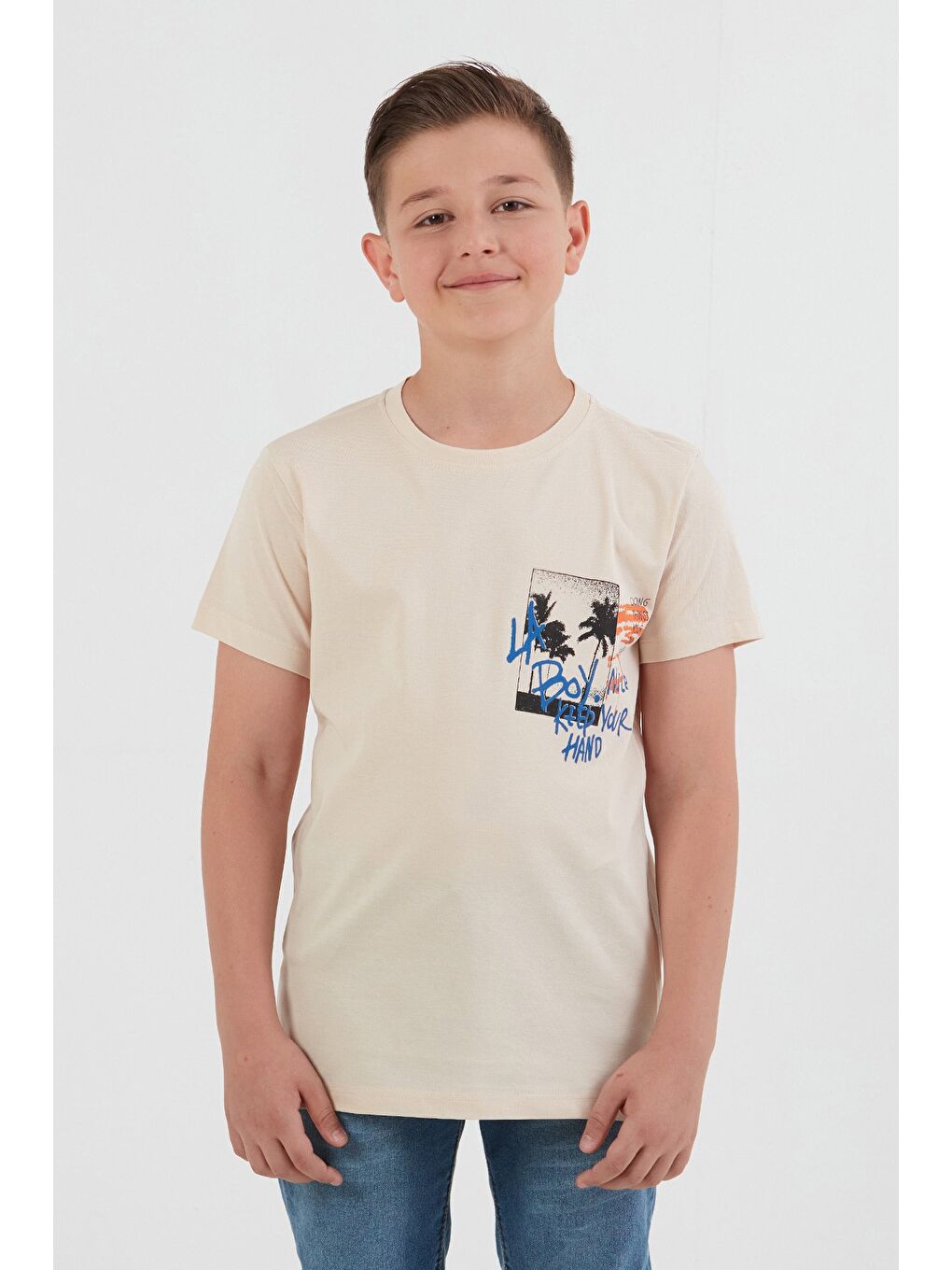 Bej %100 Pamuk Yazı Baskılı Erkek Çocuk Tişört-3