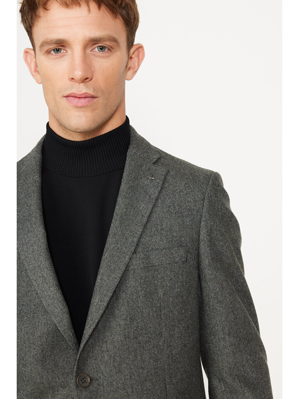 Erkek Haki Slim Fit Dar Kesim Mono Yaka Yünlü Ceket-4