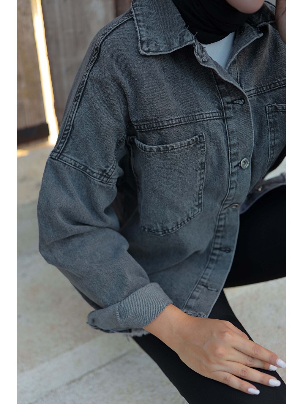 Kadın Oversize Püskül Detay Yaka Cep Jean Ceket D1 Siyah   26580-4