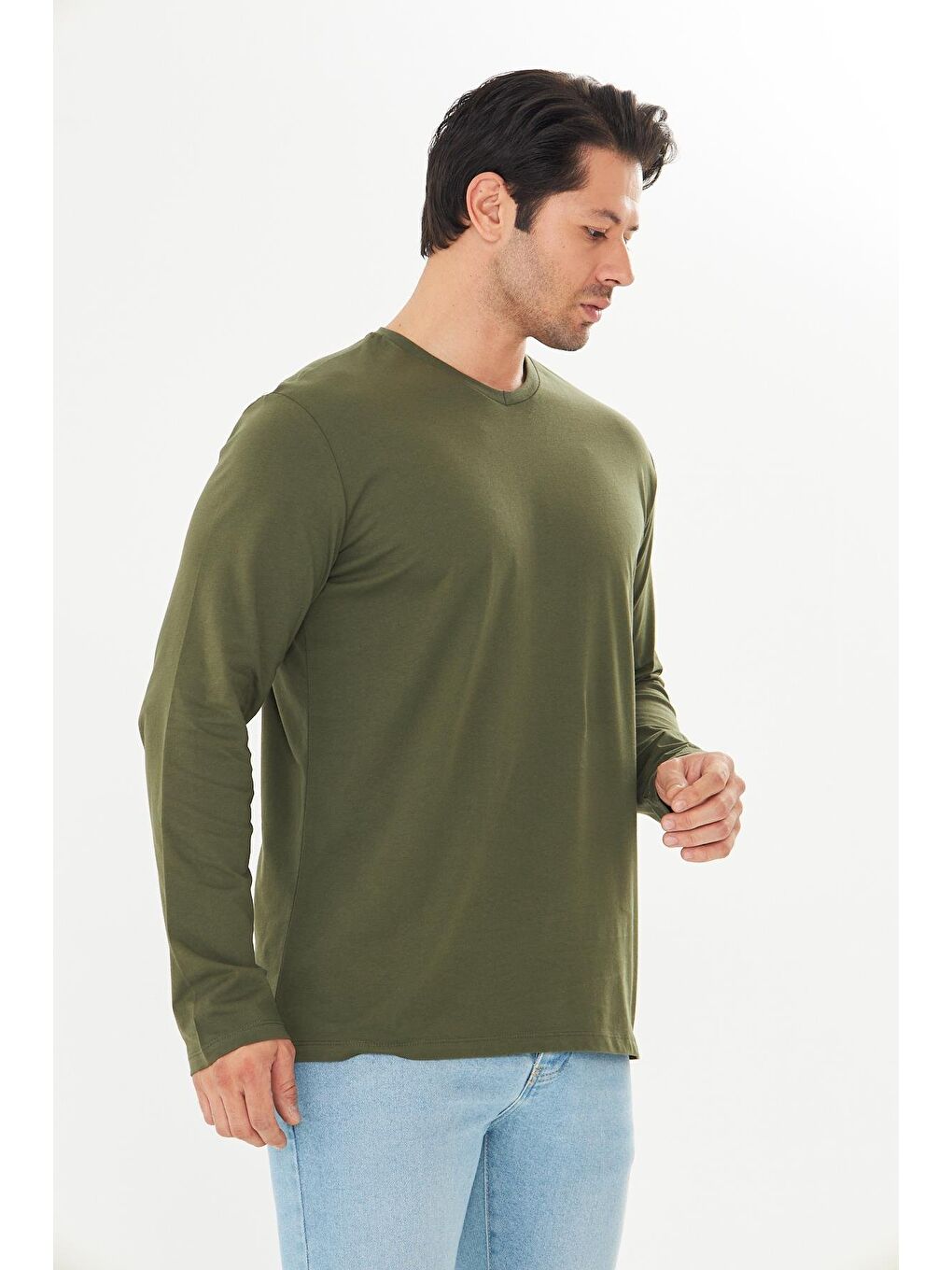 Erkek Pamuklu V Yaka Uzun Kollu Tişört Haki 5021-H-3