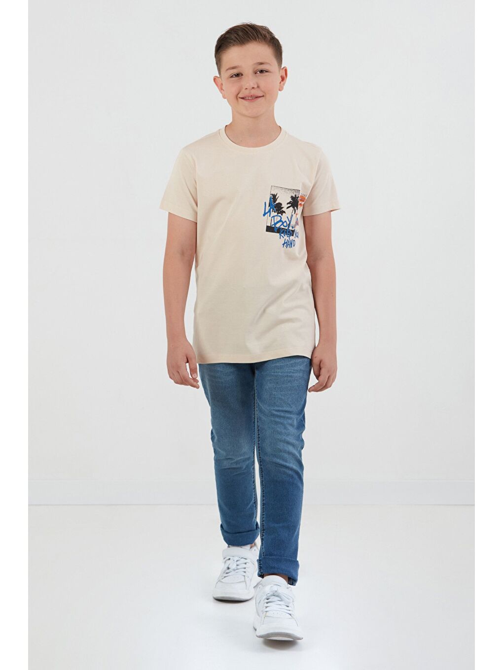 Bej %100 Pamuk Yazı Baskılı Erkek Çocuk Tişört-4