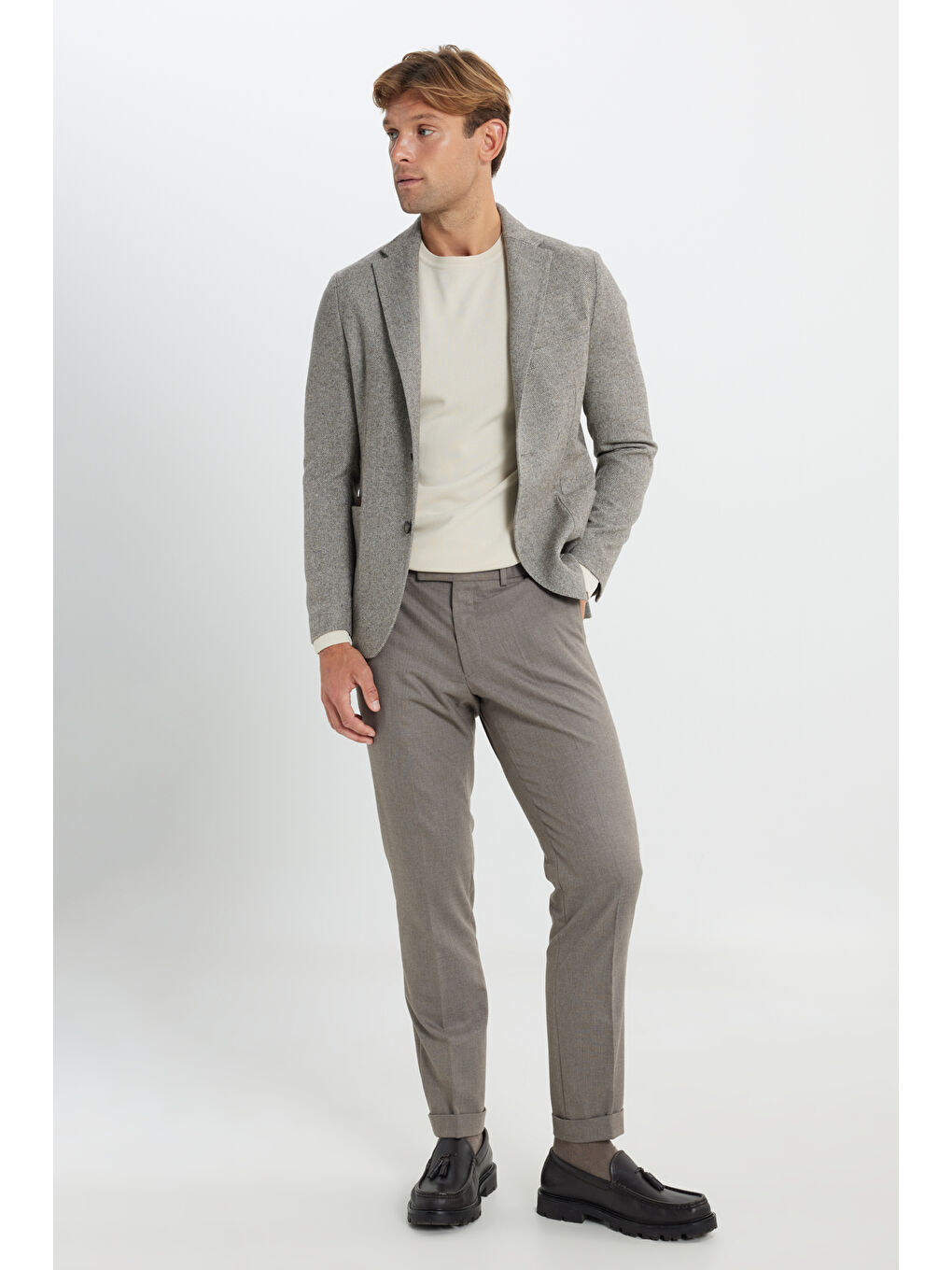 Kahverengi Erkek Kahve-Bej Slim Fit Dar Kesim Mono Yaka Desenli Torba Cepli Yün Blazer Ceket-2