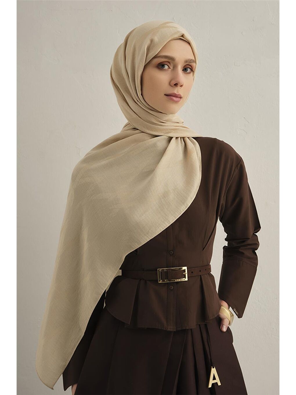 Bej Lyocell Naia Zikzak Desen Şal 1- 64-1