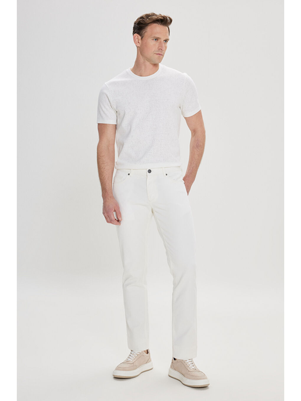 Erkek Beyaz Slim Fit Dar Kesim 5 Cep Armürlü Esnek Pantolon-2
