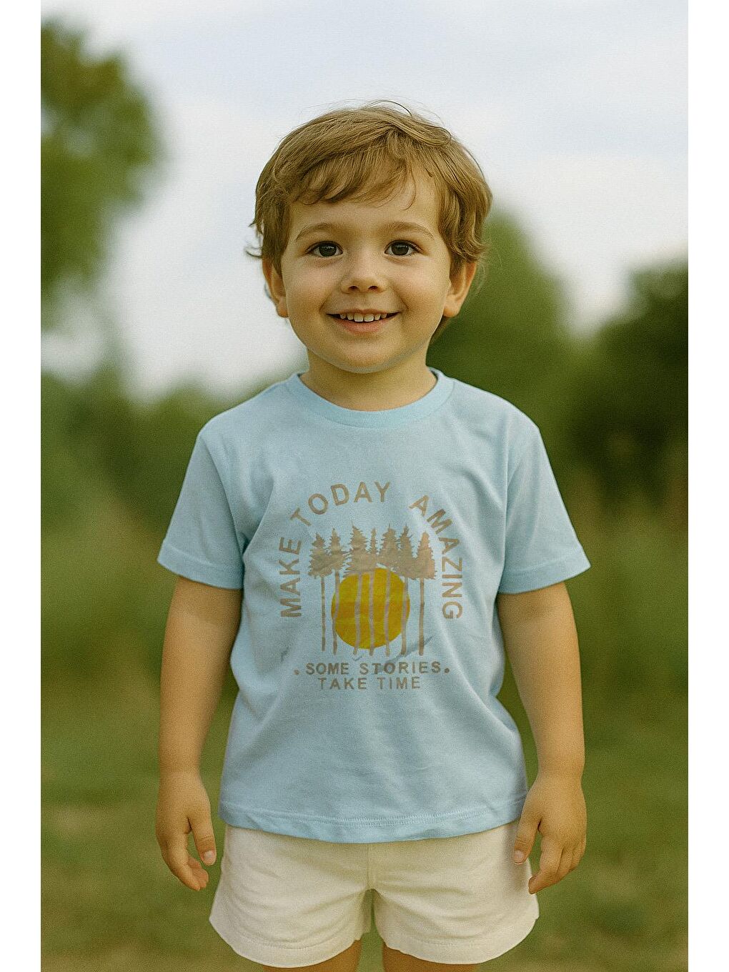 Erkek Çocuk %100 Pamuklu Baskılı Kısa Kollu Tişört - Açık Mavi (3-4 Yaş 8-9 Yaş)
