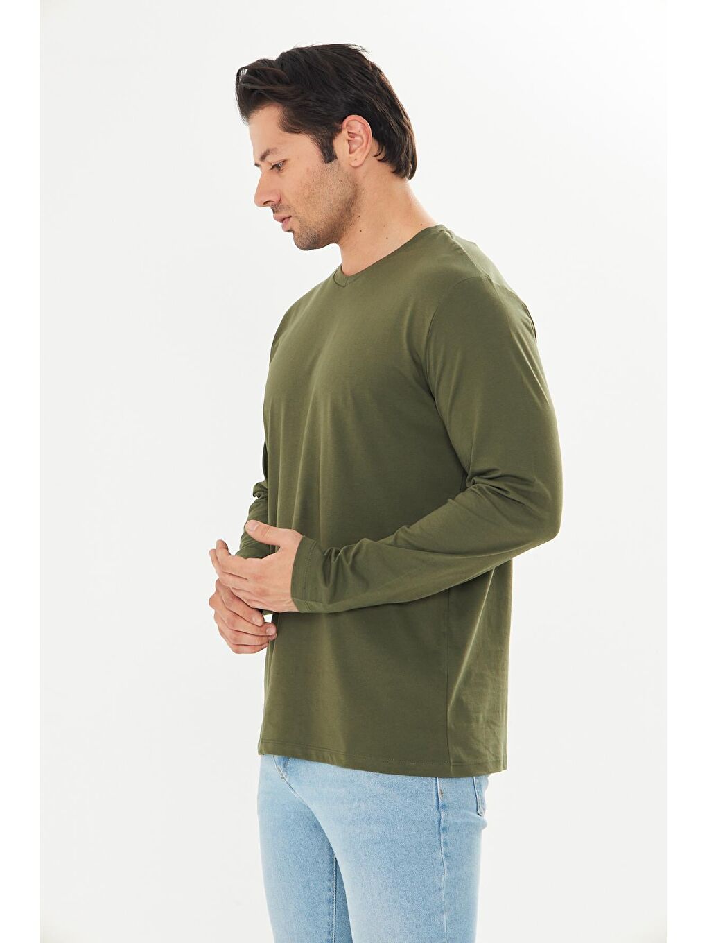 Erkek Pamuklu V Yaka Uzun Kollu Tişört Haki 5021-H-4