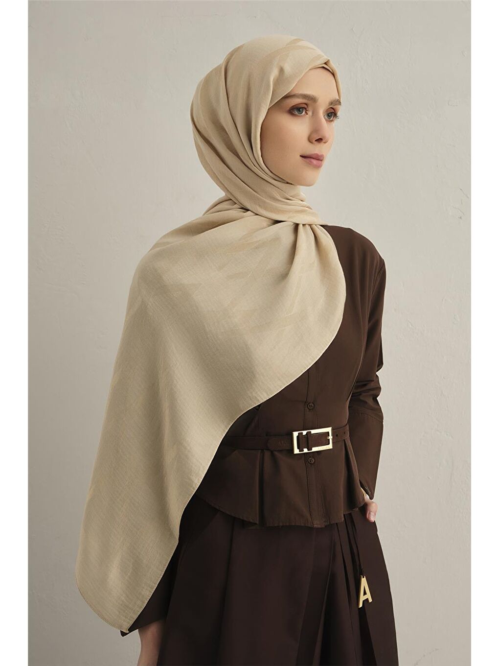 Bej Lyocell Naia Zikzak Desen Şal 1- 64-2