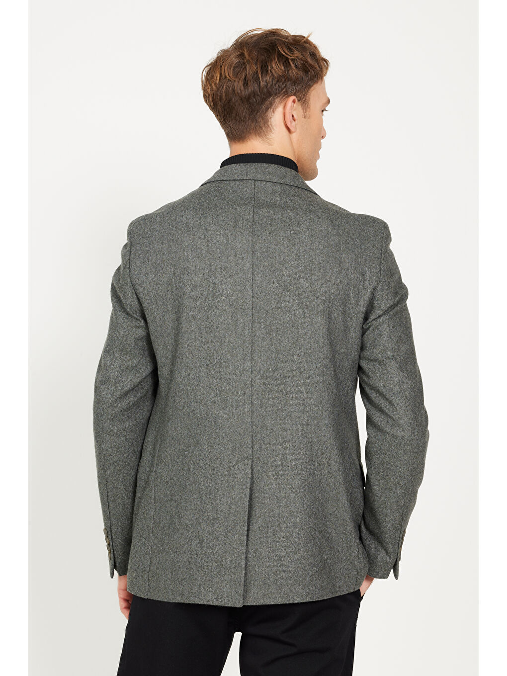 Erkek Haki Slim Fit Dar Kesim Mono Yaka Yünlü Ceket-6
