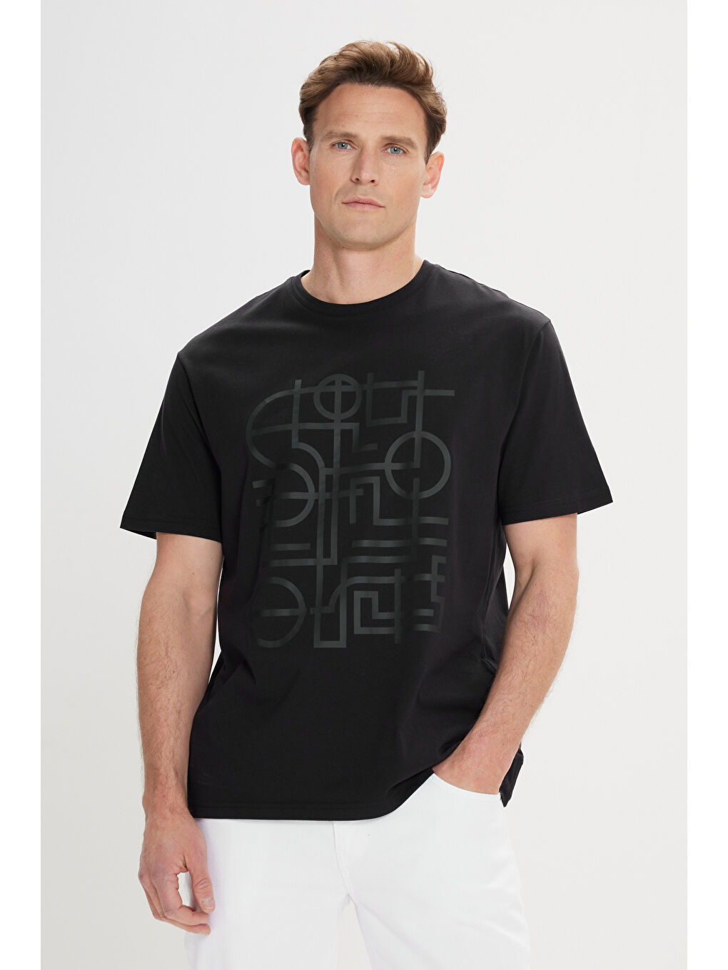 Erkek Siyah Slim Fit Dar Kesim %100 Pamuk Baskılı Bisiklet Yaka Tişört