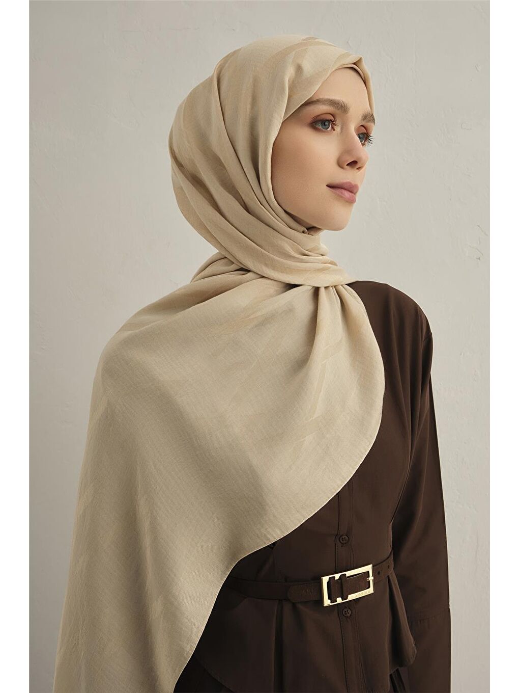 Bej Lyocell Naia Zikzak Desen Şal 1- 64-3