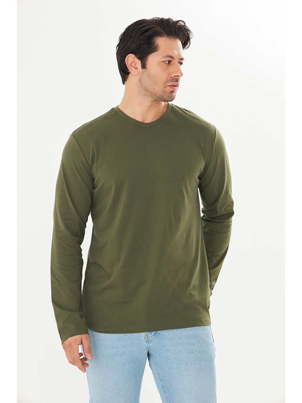 Erkek Pamuklu V Yaka Uzun Kollu Tişört Haki 5021-H-5