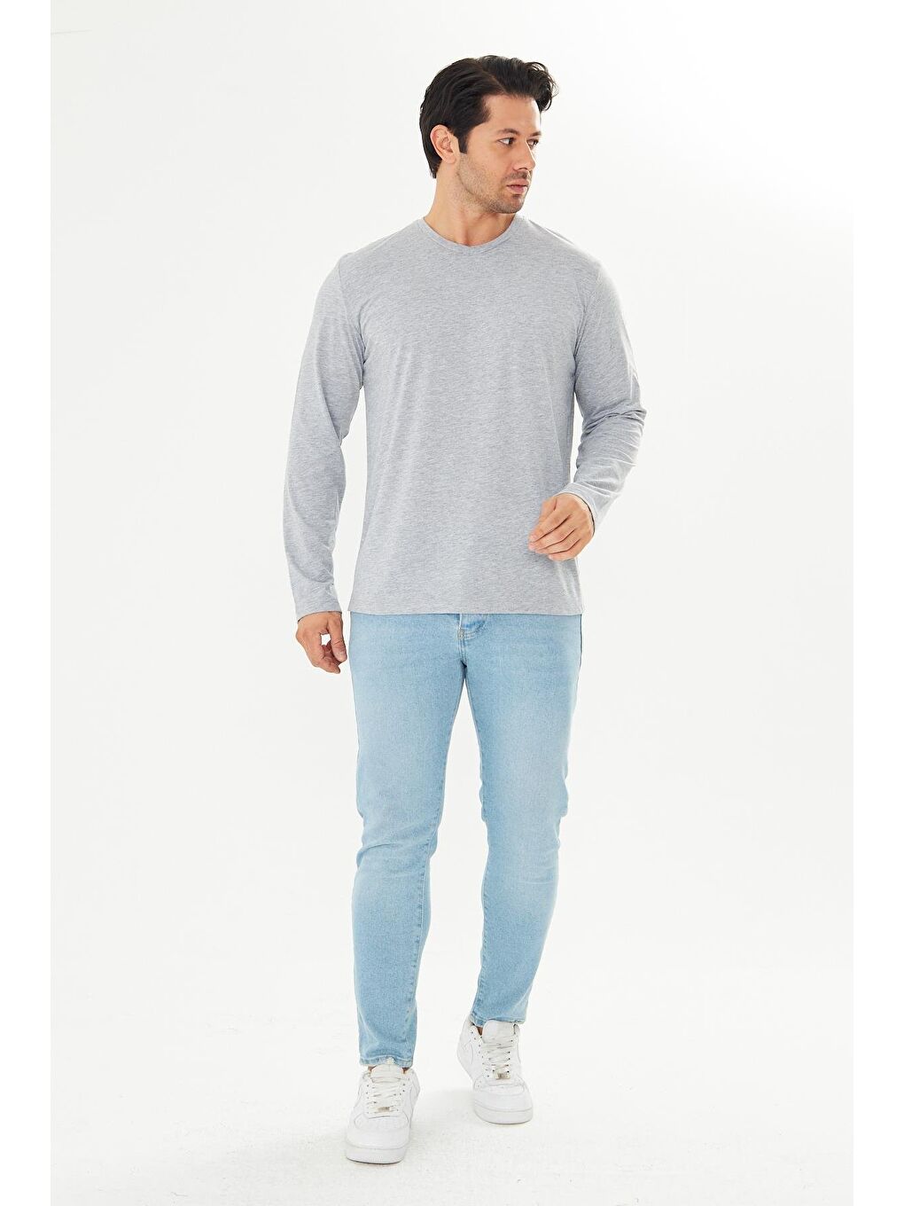 Erkek Pamuklu V Yaka Uzun Kollu Tişört Gri Melanj 5021-G-1