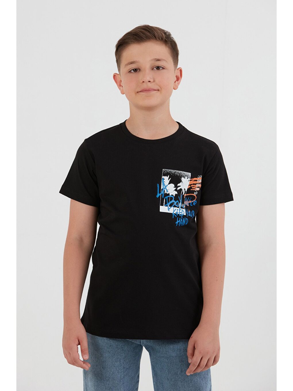Siyah %100 Pamuk Yazı Baskılı Erkek Çocuk Tişört-1