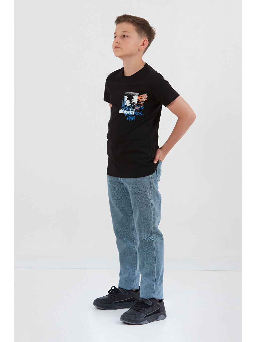 Siyah %100 Pamuk Yazı Baskılı Erkek Çocuk Tişört-2