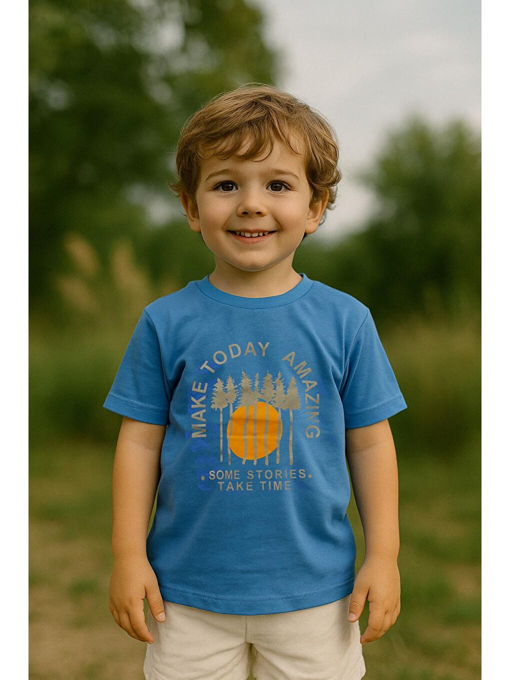 Erkek Çocuk %100 Pamuklu Baskılı Kısa Kollu Tişört - Mavi (3-4 Yaş 8-9 Yaş)