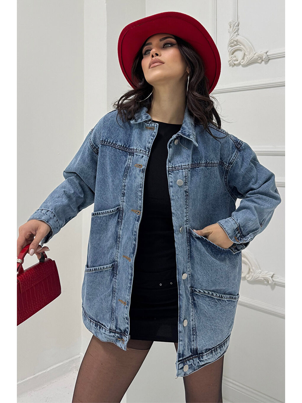 Kadın Oversize Çift Cep Detaylı Jean Ceket Acik Mavi   26589-2