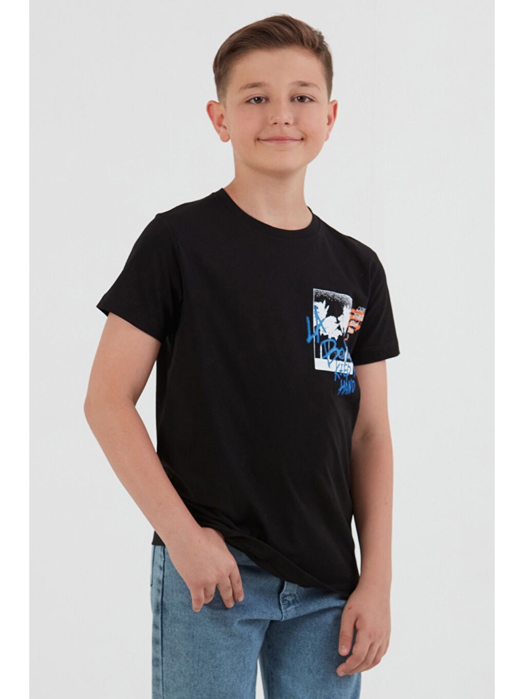 Siyah %100 Pamuk Yazı Baskılı Erkek Çocuk Tişört-4