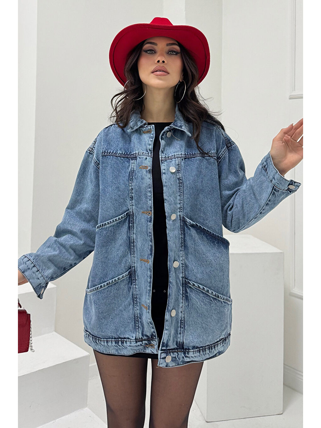 Kadın Oversize Çift Cep Detaylı Jean Ceket Acik Mavi   26589-3