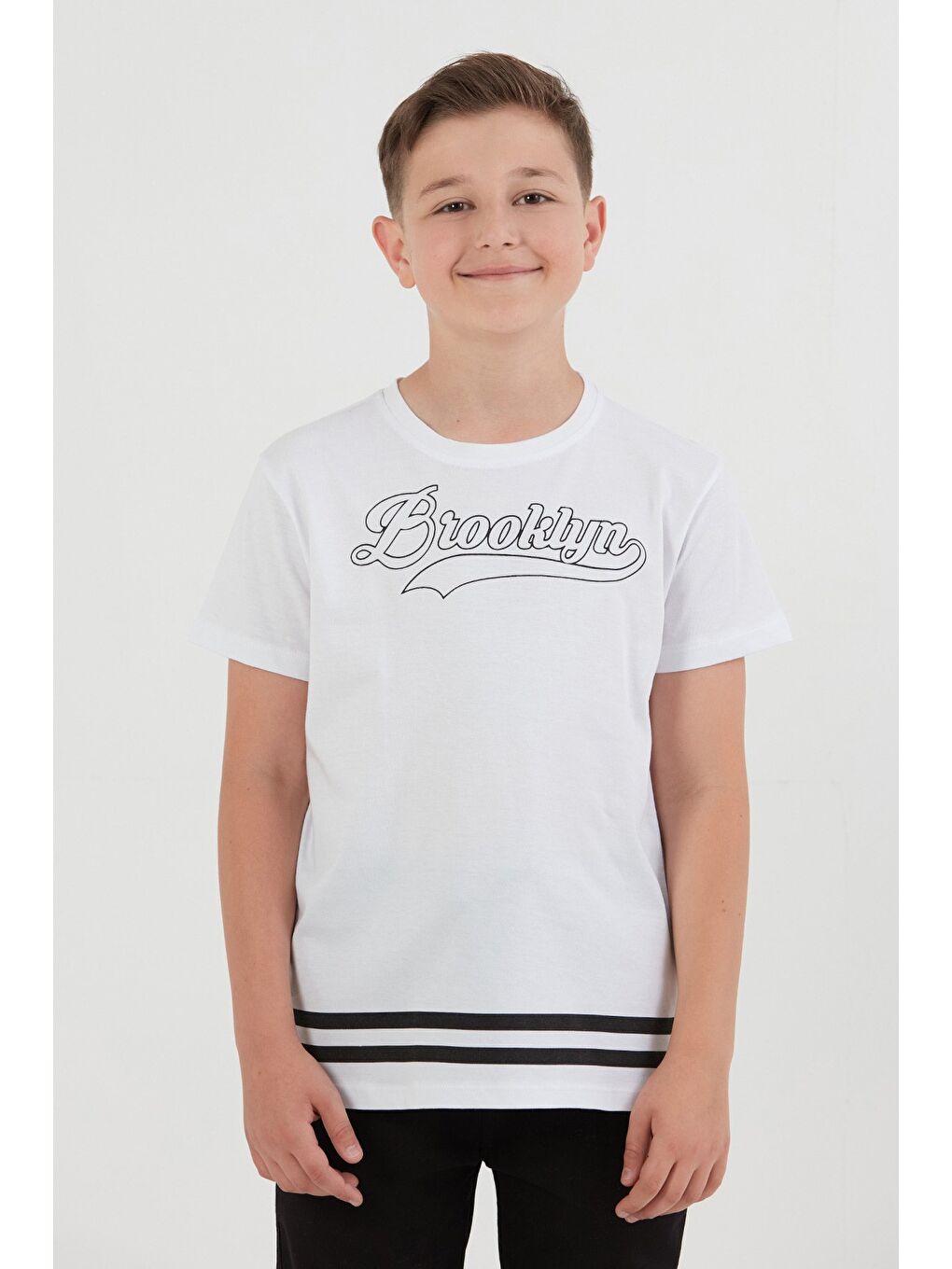 Beyaz %100 Pamuk Brooklyn Baskılı Erkek Çocuk Tişört-1