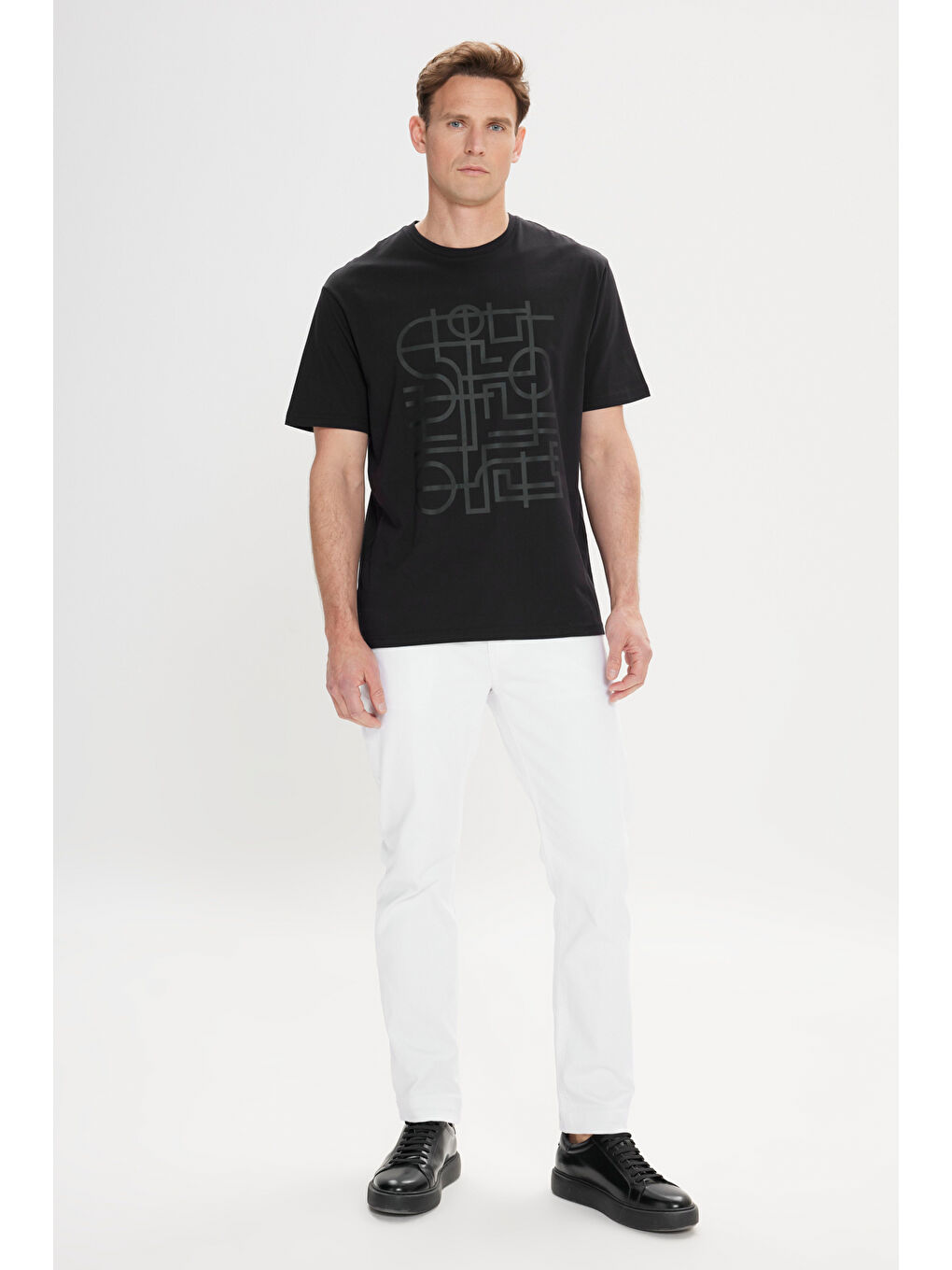 Erkek Siyah Slim Fit Dar Kesim %100 Pamuk Baskılı Bisiklet Yaka Tişört-1