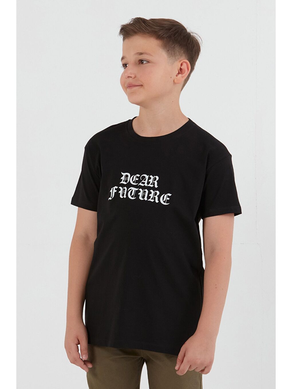 Siyah Dear Future Yazı Baskılı Erkek Çocuk Tişört-1
