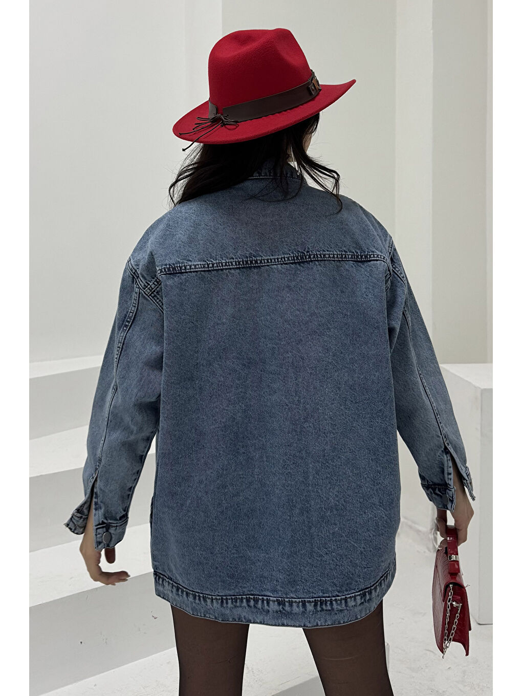 Kadın Oversize Çift Cep Detaylı Jean Ceket Acik Mavi   26589-5