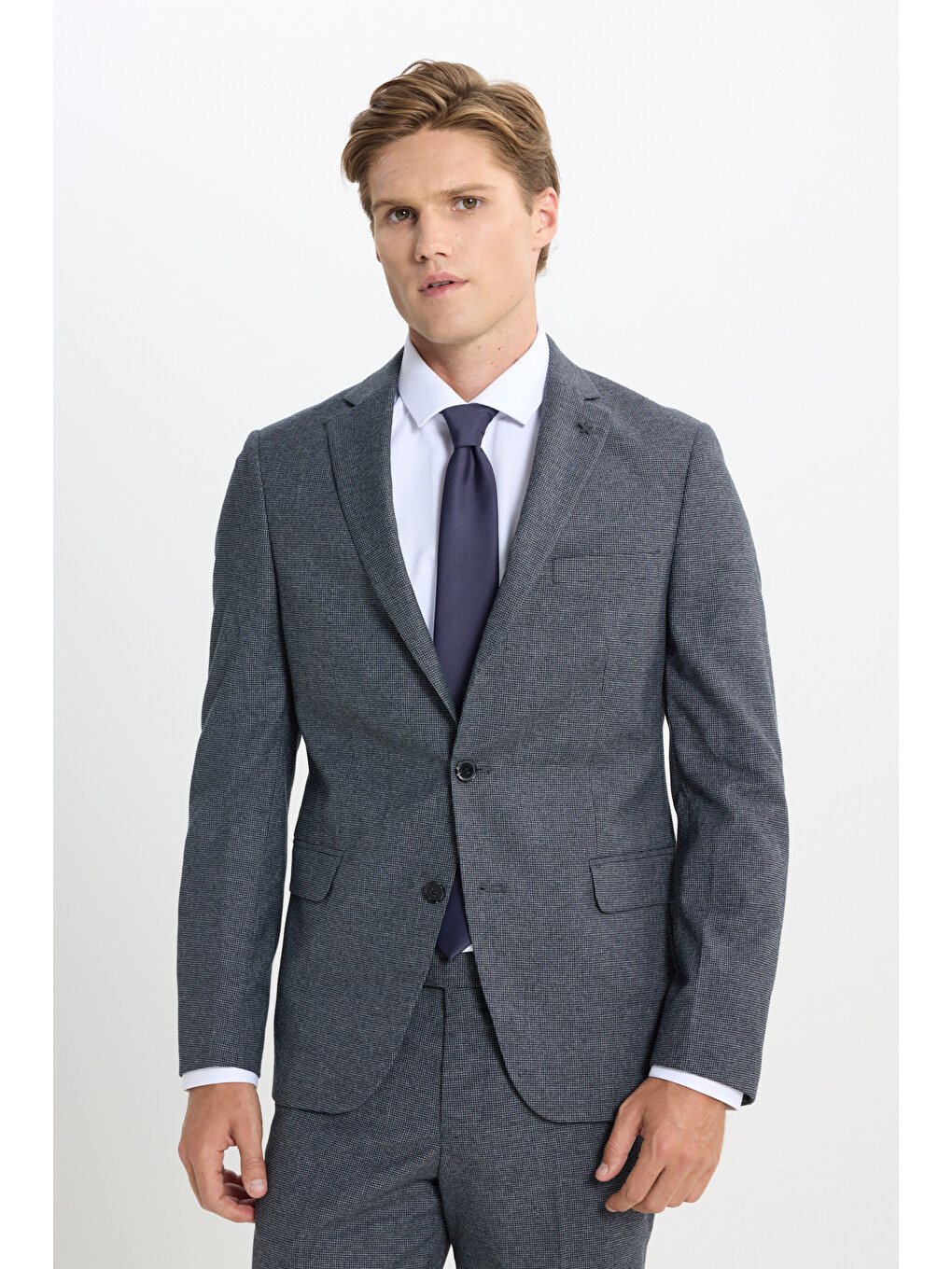 Erkek Lacivert-Gri Slim Fit Dar Kesim Kazayağı Desenli Takım Elbise-3