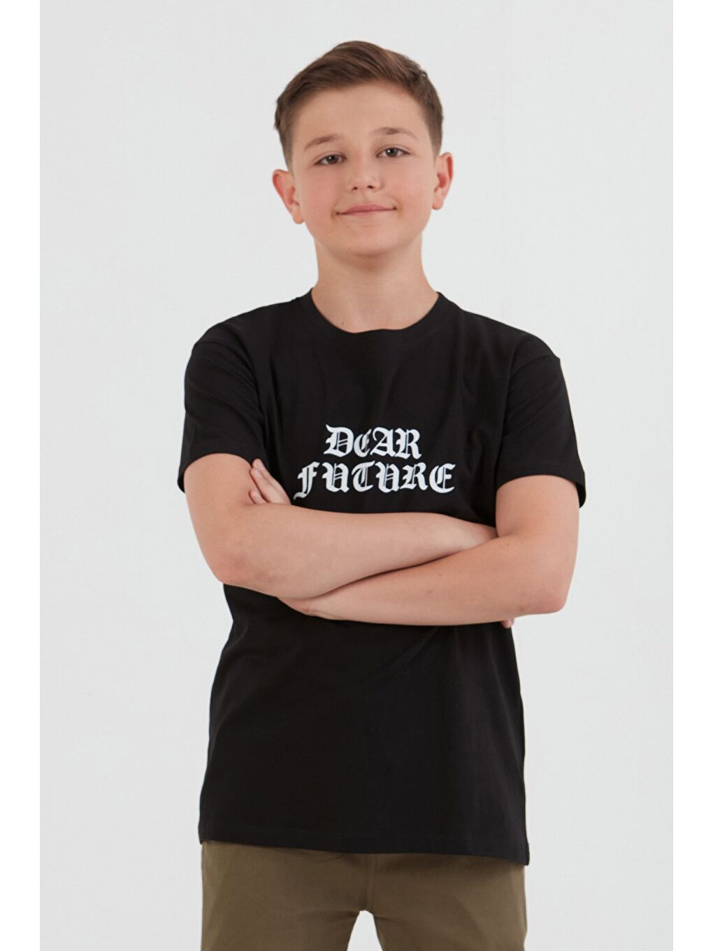 Siyah Dear Future Yazı Baskılı Erkek Çocuk Tişört-4