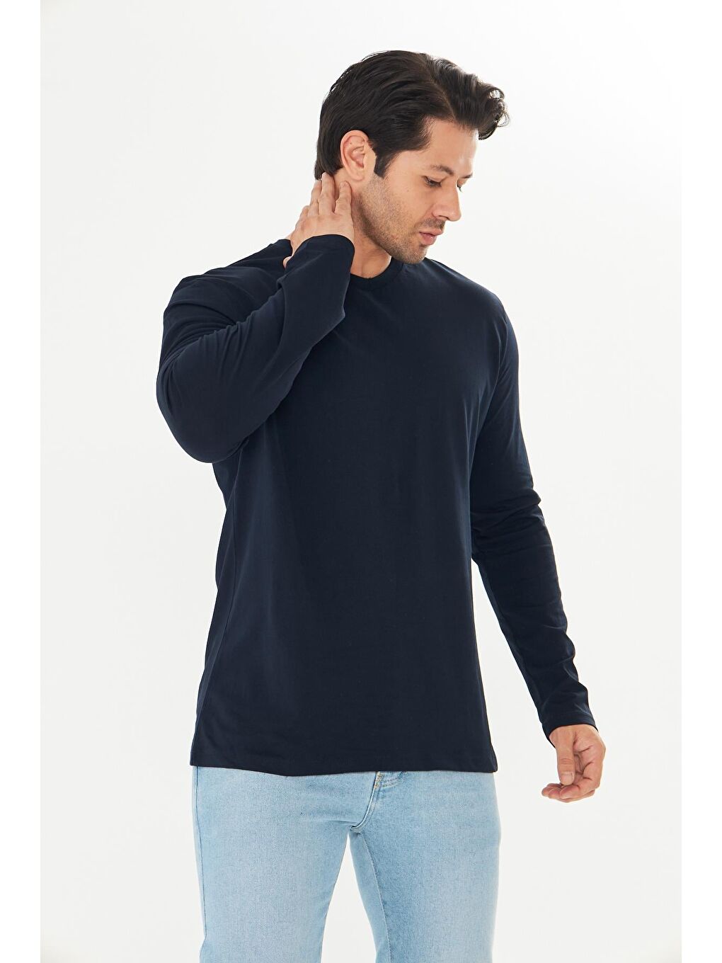 Erkek Pamuklu V Yaka Uzun Kollu Tişört Lacivert 5021-L-2