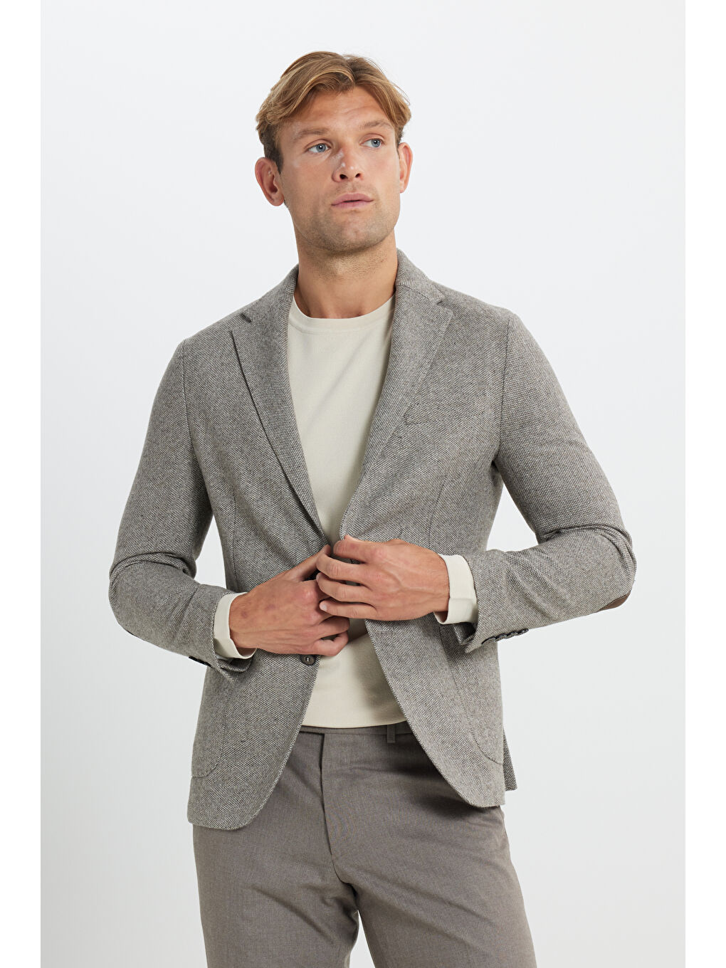 Kahverengi Erkek Kahve-Bej Slim Fit Dar Kesim Mono Yaka Desenli Torba Cepli Yün Blazer Ceket-3