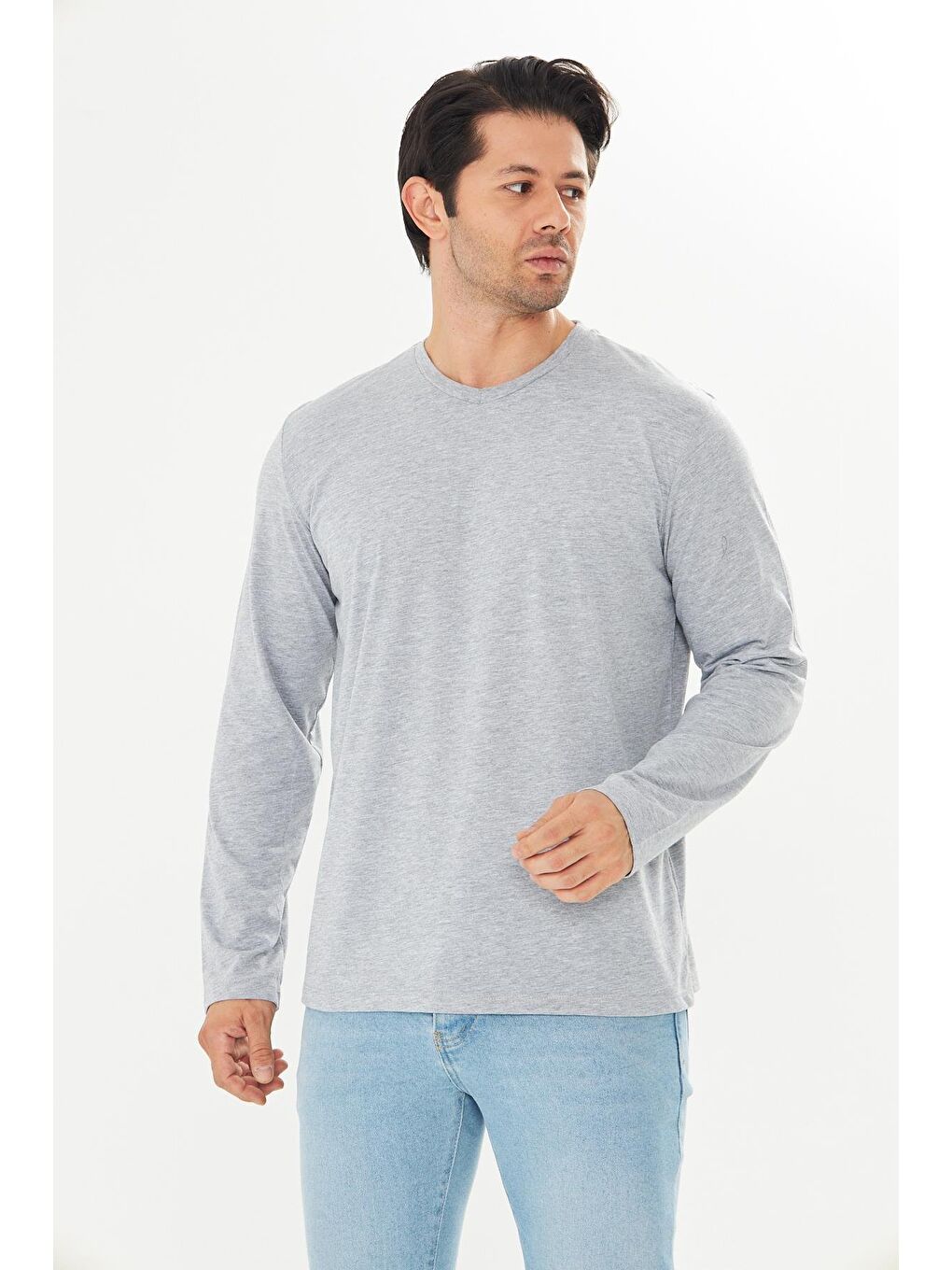 Erkek Pamuklu V Yaka Uzun Kollu Tişört Gri Melanj 5021-G-3
