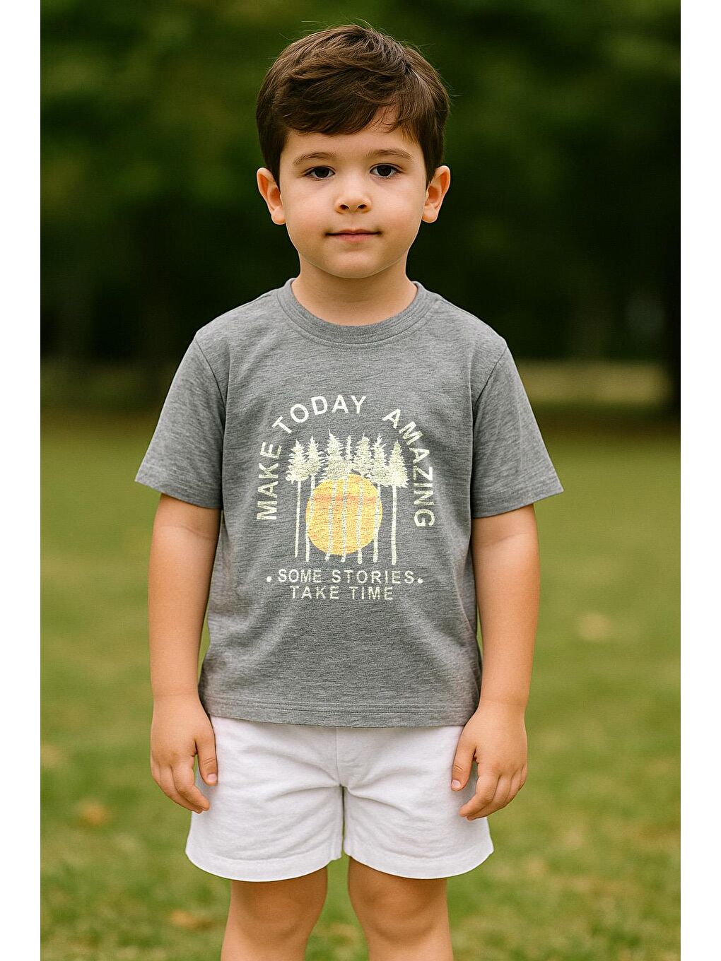 Erkek Çocuk %100 Pamuklu Baskılı Kısa Kollu Tişört - Gri (3-4 Yaş 8-9 Yaş)