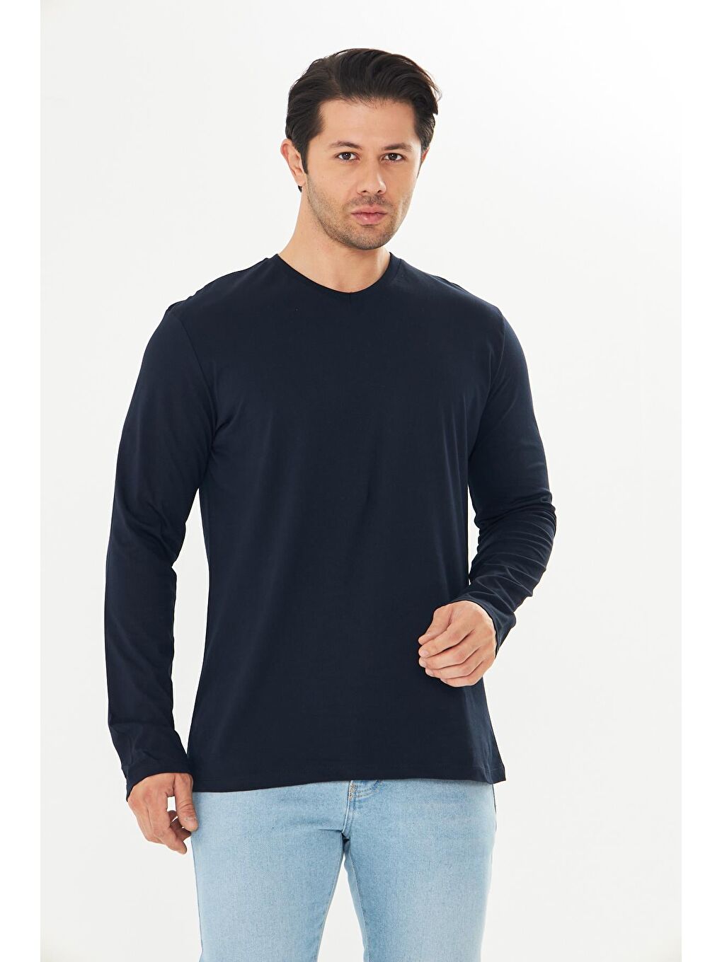 Erkek Pamuklu V Yaka Uzun Kollu Tişört Lacivert 5021-L-3