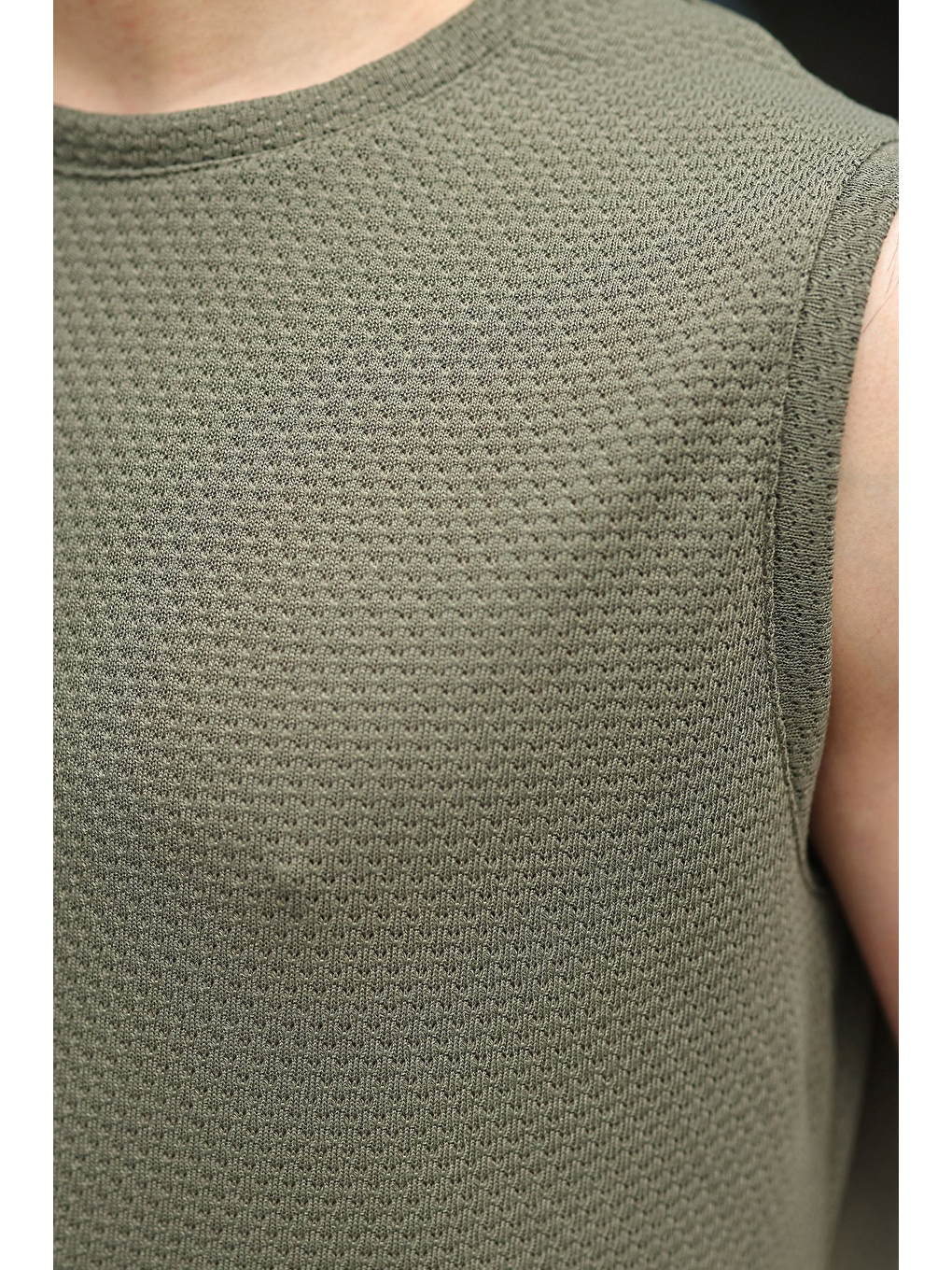 Haki Bisiklet Yaka Jakarlı Kolsuz Erkek Tişört E7180-2