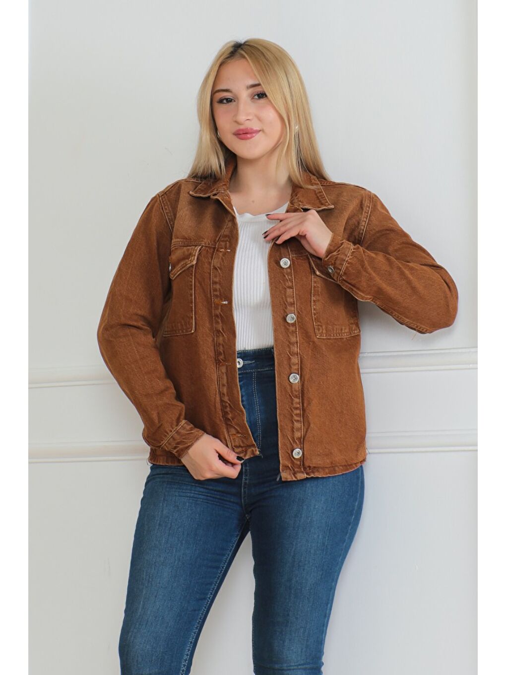 Kahverengi Cepli Kısa Jean Ceket Kahve   26577-3