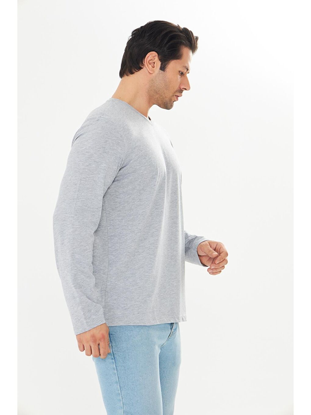 Erkek Pamuklu V Yaka Uzun Kollu Tişört Gri Melanj 5021-G-4