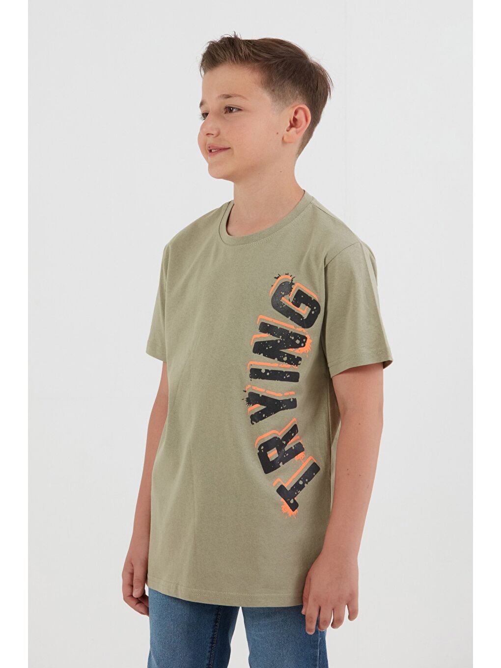 Haki %100 Pamuk Trying Baskılı Erkek Çocuk Tişört-1