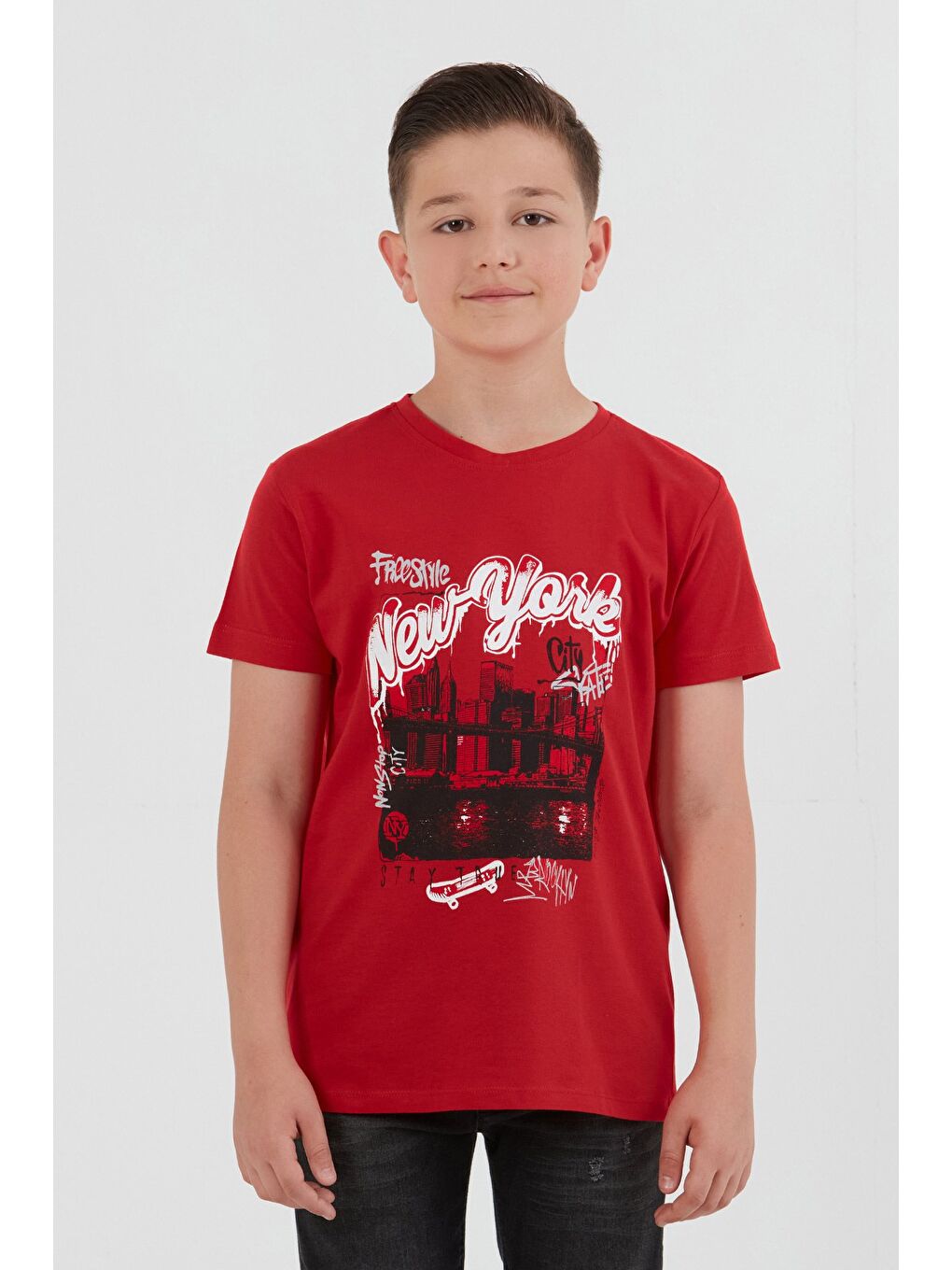 Kırmızı %100 Pamuk New York Baskılı Erkek Çocuk Tişört
