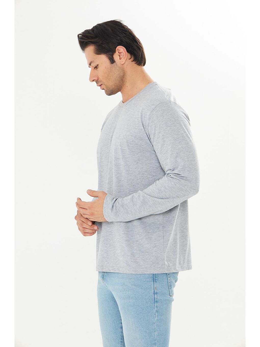 Erkek Pamuklu V Yaka Uzun Kollu Tişört Gri Melanj 5021-G-5