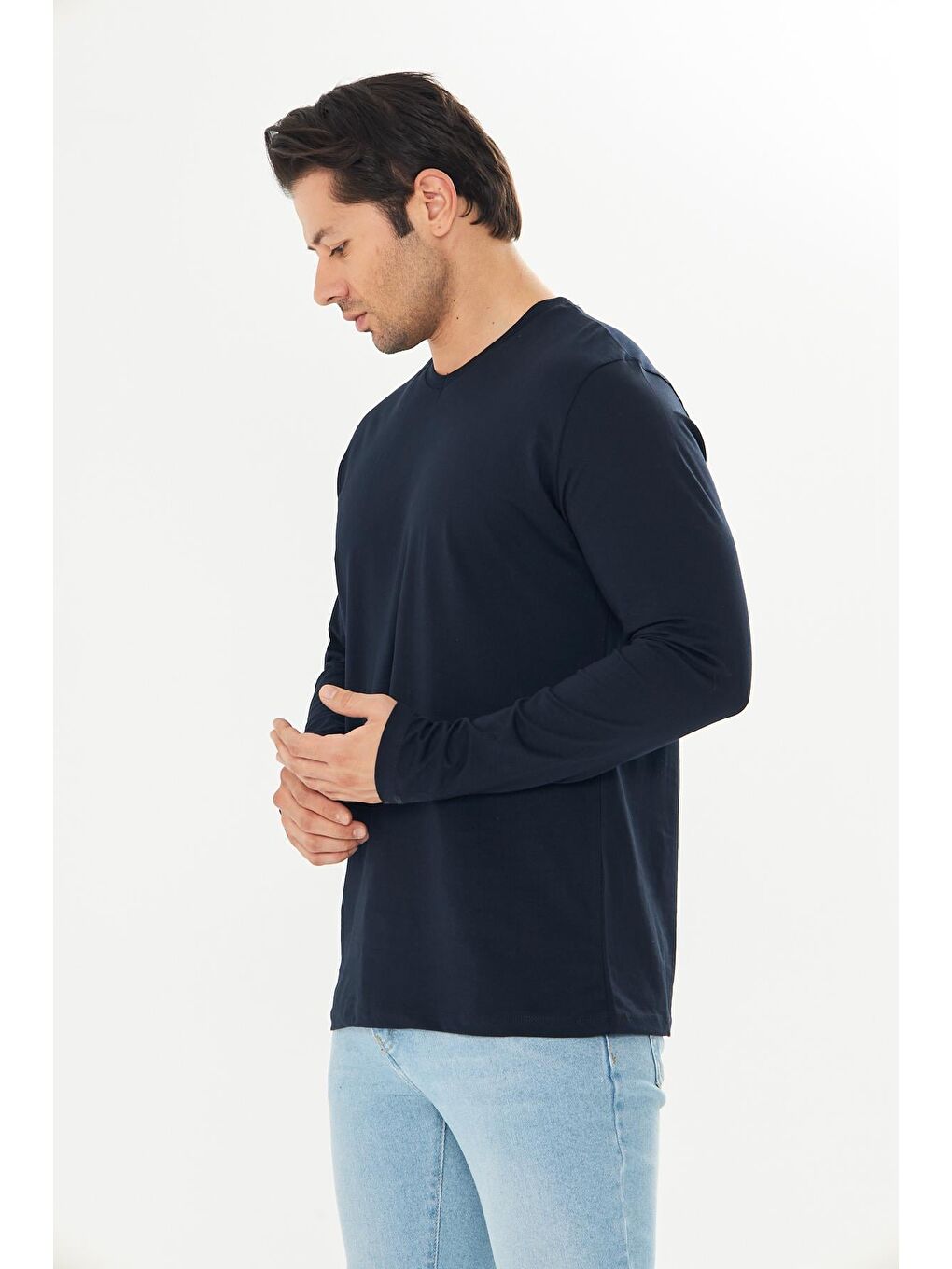Erkek Pamuklu V Yaka Uzun Kollu Tişört Lacivert 5021-L-5