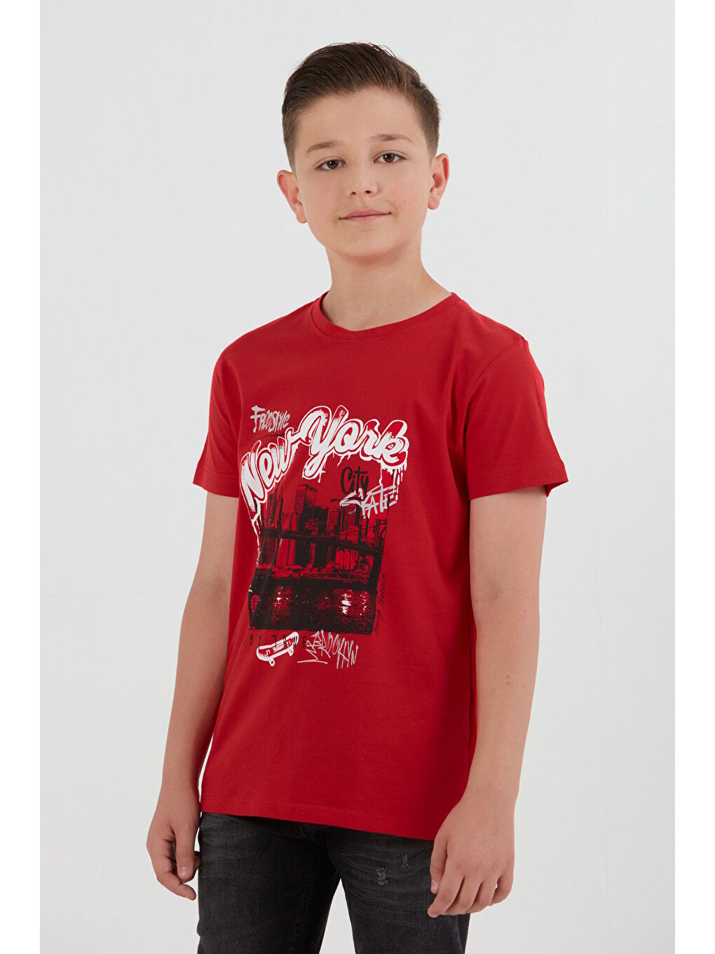 Kırmızı %100 Pamuk New York Baskılı Erkek Çocuk Tişört-1