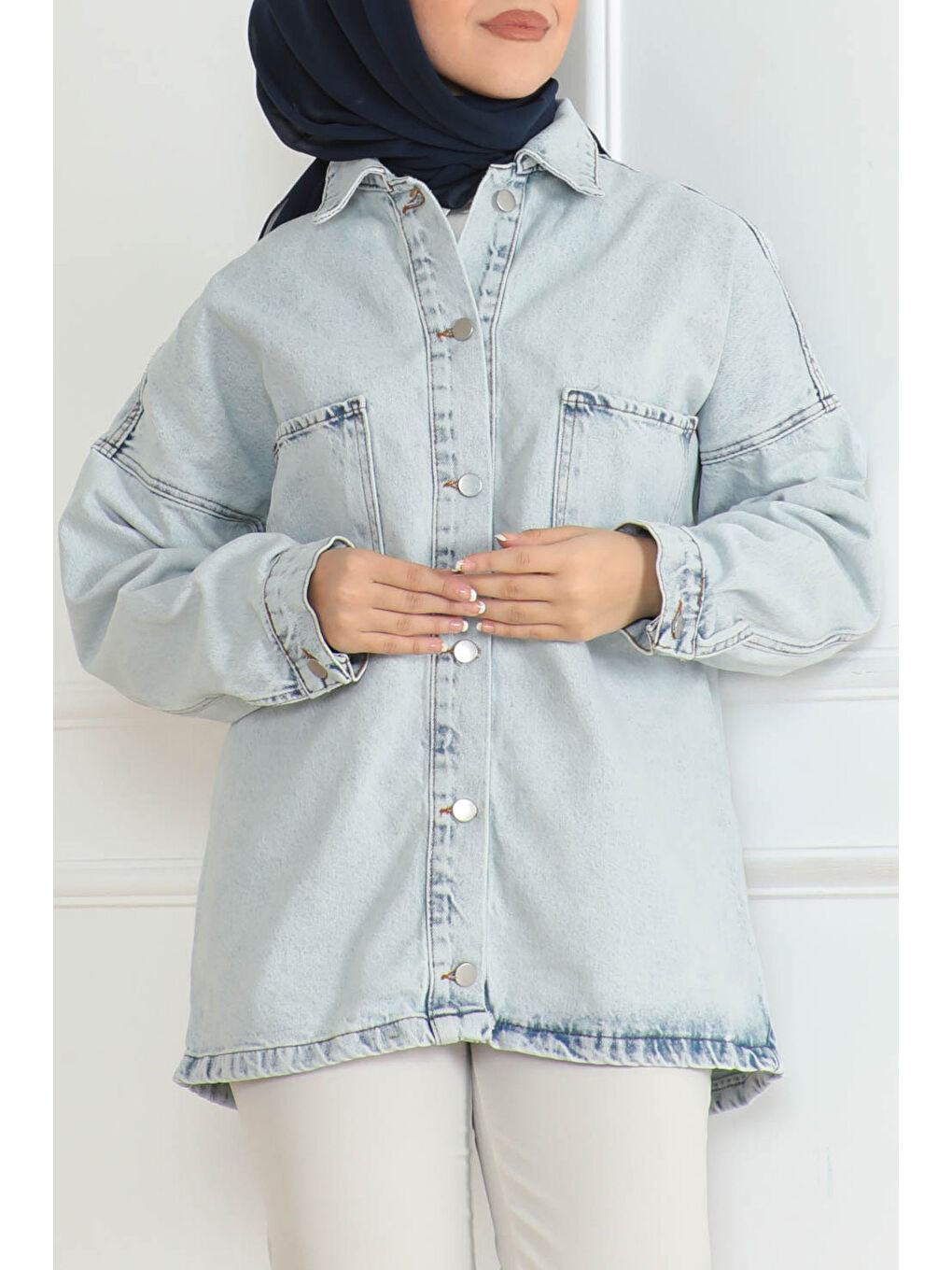 Kadın Oversize Cep Detay Jean Gömlek Ceket Buz Mavi   26571