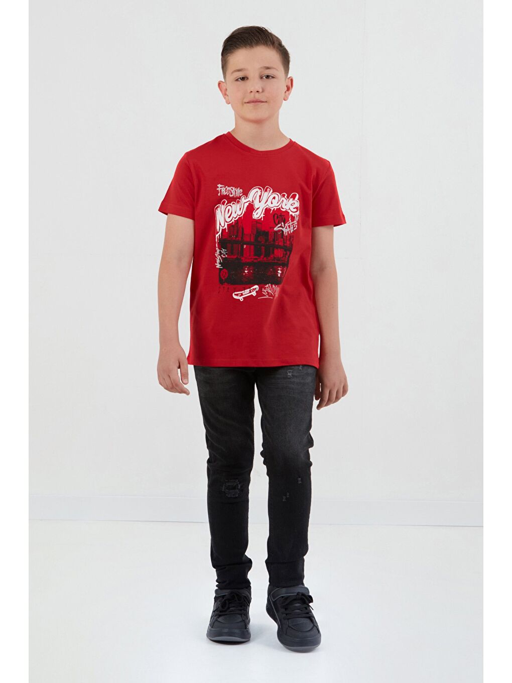 Kırmızı %100 Pamuk New York Baskılı Erkek Çocuk Tişört-3