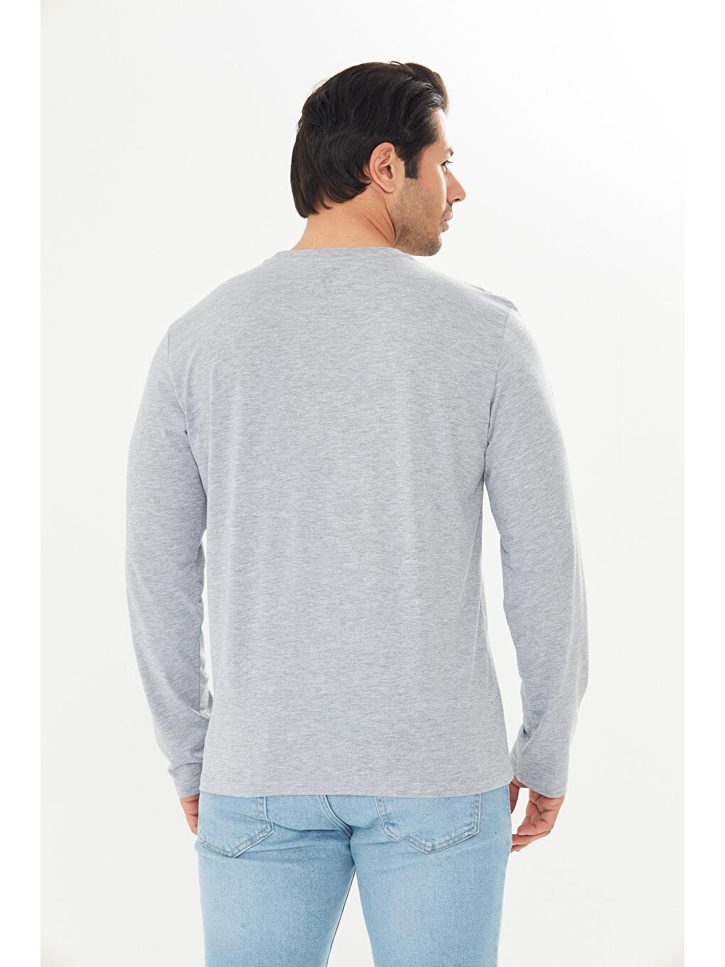Erkek Pamuklu V Yaka Uzun Kollu Tişört Gri Melanj 5021-G-6
