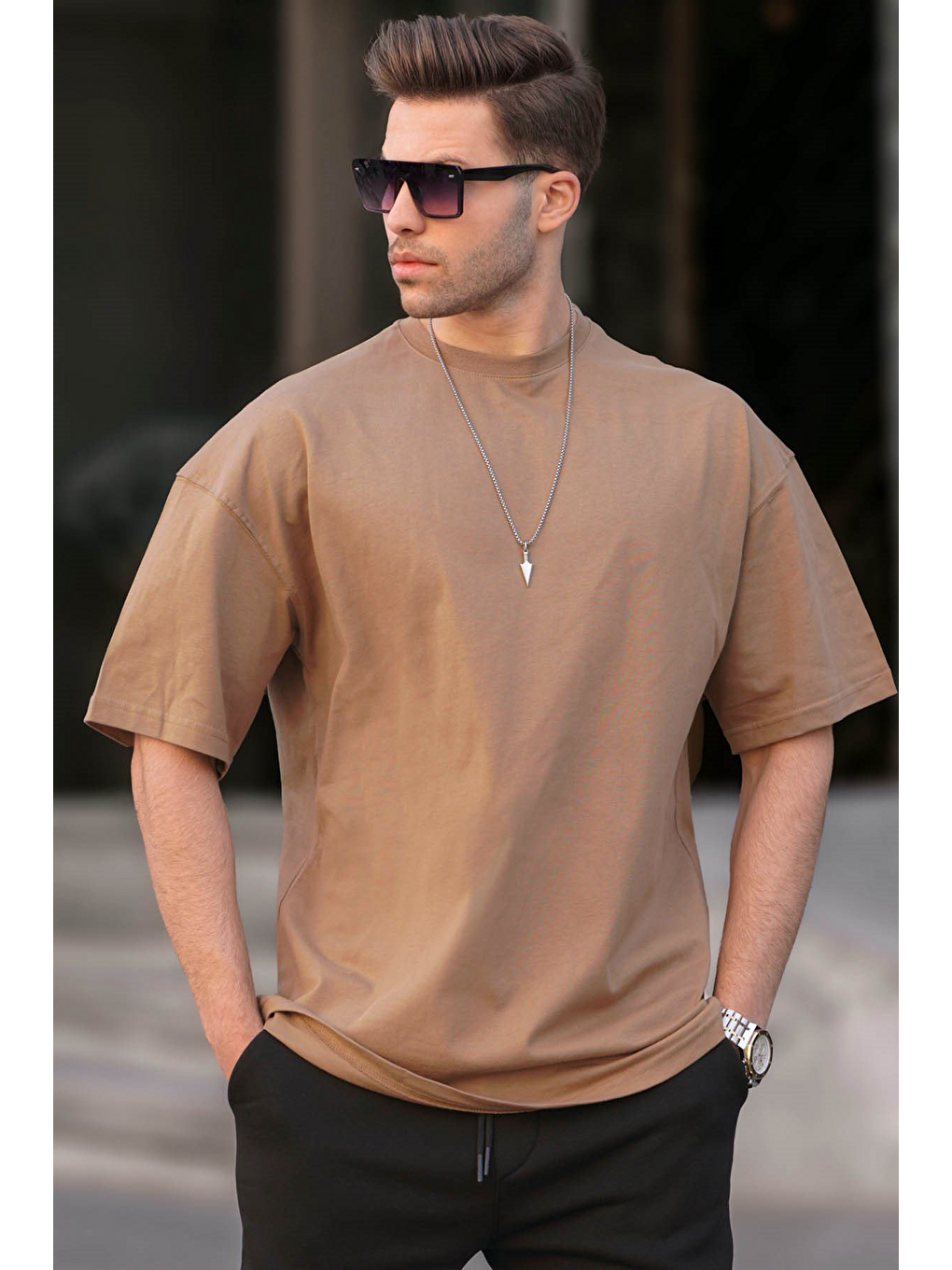 Bej Erkek Vizon Oversize Fit Basic Tişört 6066