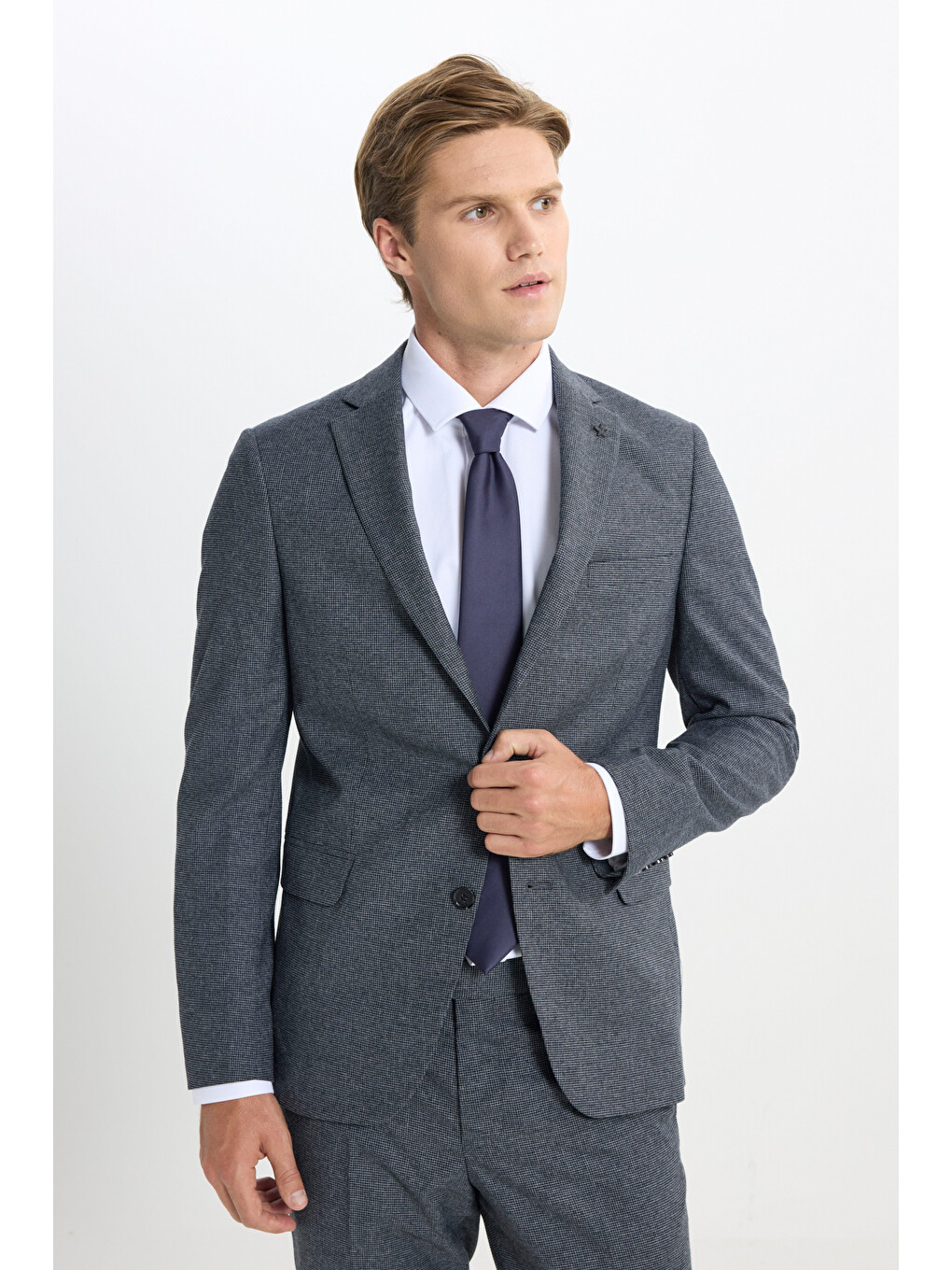 Erkek Lacivert-Gri Slim Fit Dar Kesim Kazayağı Desenli Takım Elbise-4