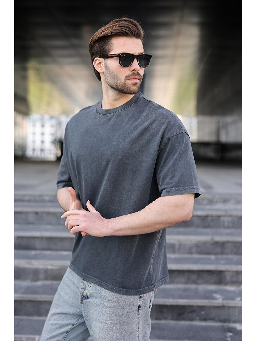 Siyah %100 Pamuklu Oversize Erkek Tişört E7178-1